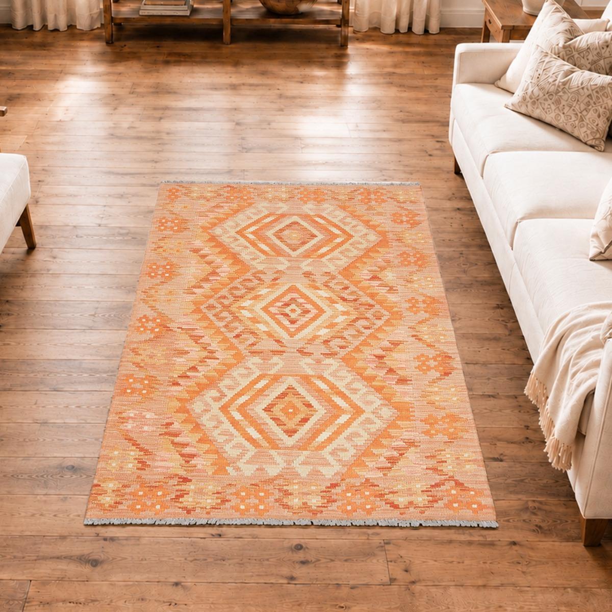 Tapis kilim géométrique, tissé plat en laine, ZIRU