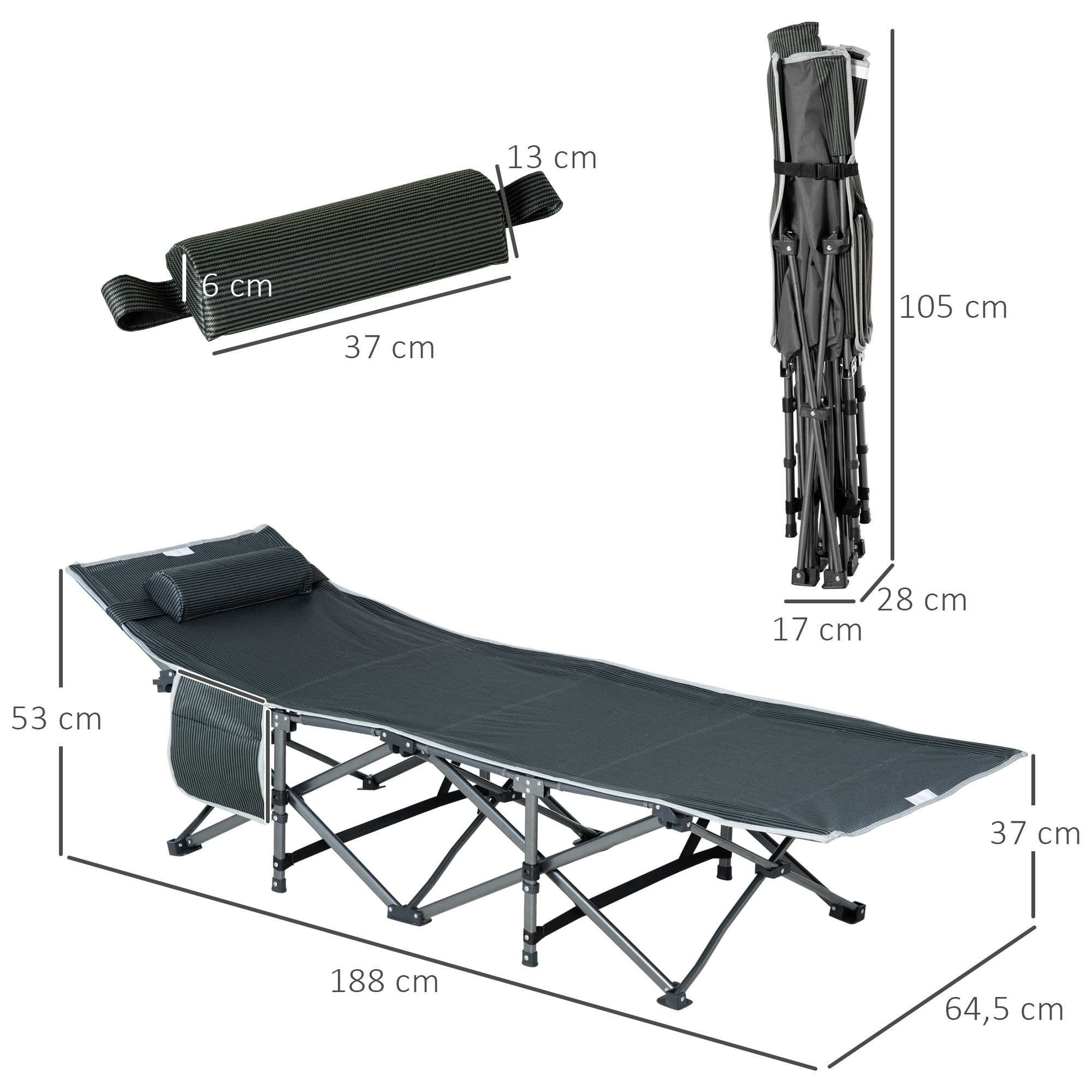 Lit de camp lit d'appoint pliable dim. 188L x 64,5l x 53H cm pochette rangement, tétière, sac de transport inclus métal Oxford gris