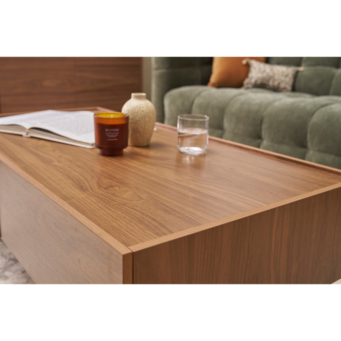 Table basse rectangulaire avec rangements 2 tiroirs finition bois foncé noyer L120 cm SANAA