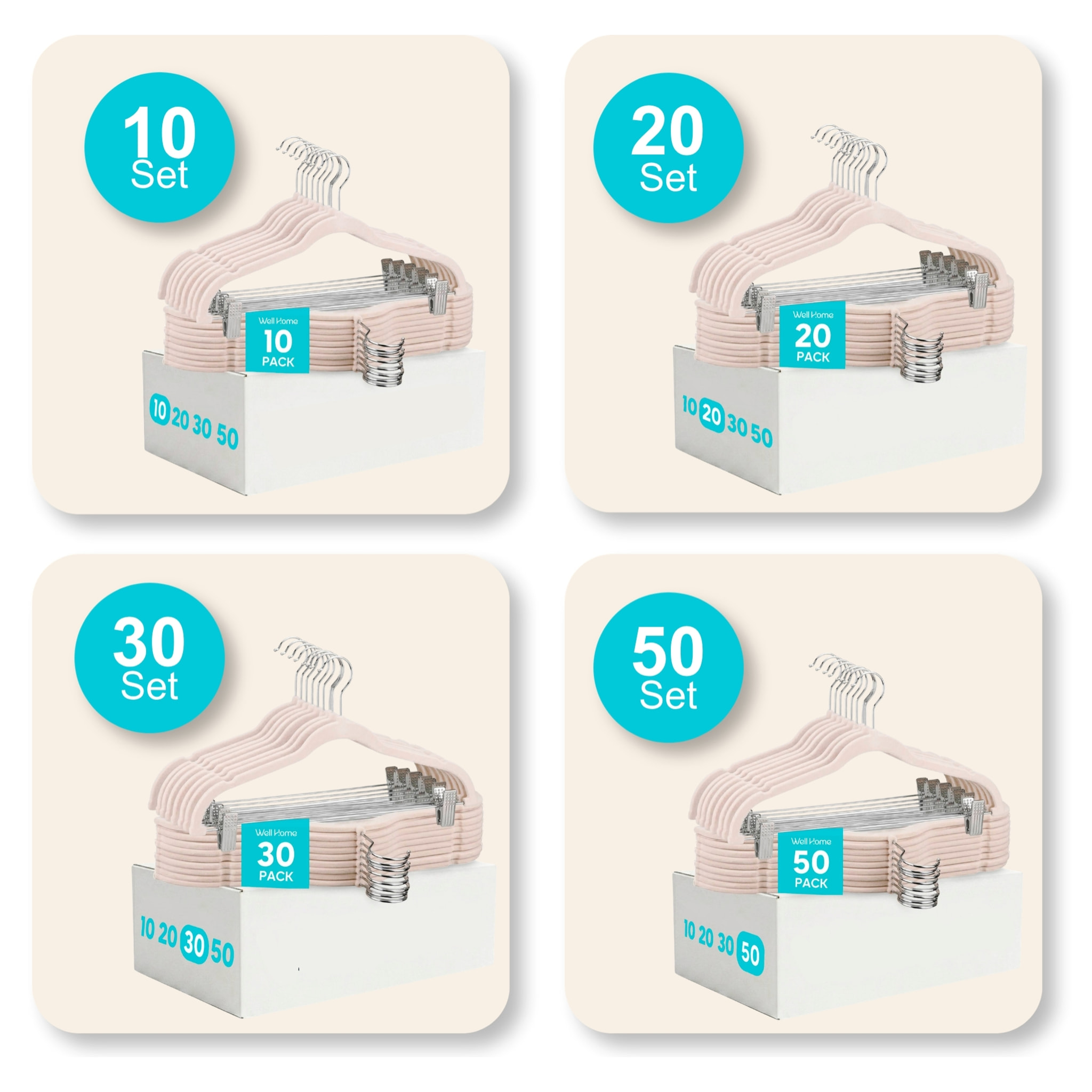 Set de perchas de terciopelo con clips ajustables - Antideslizantes, muy finas, con ganchos giratorios