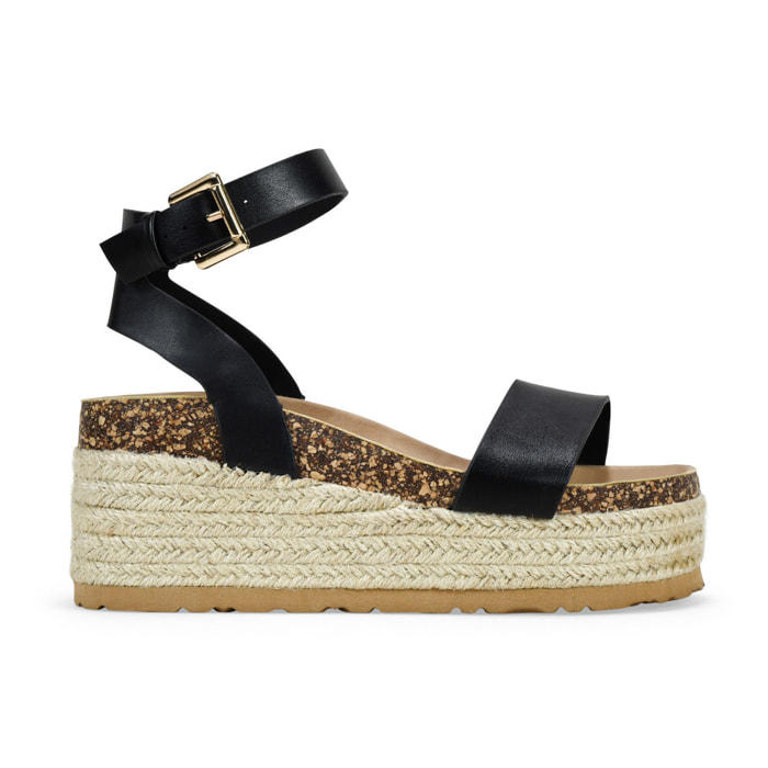Sandalias negras con plataforma de esparto