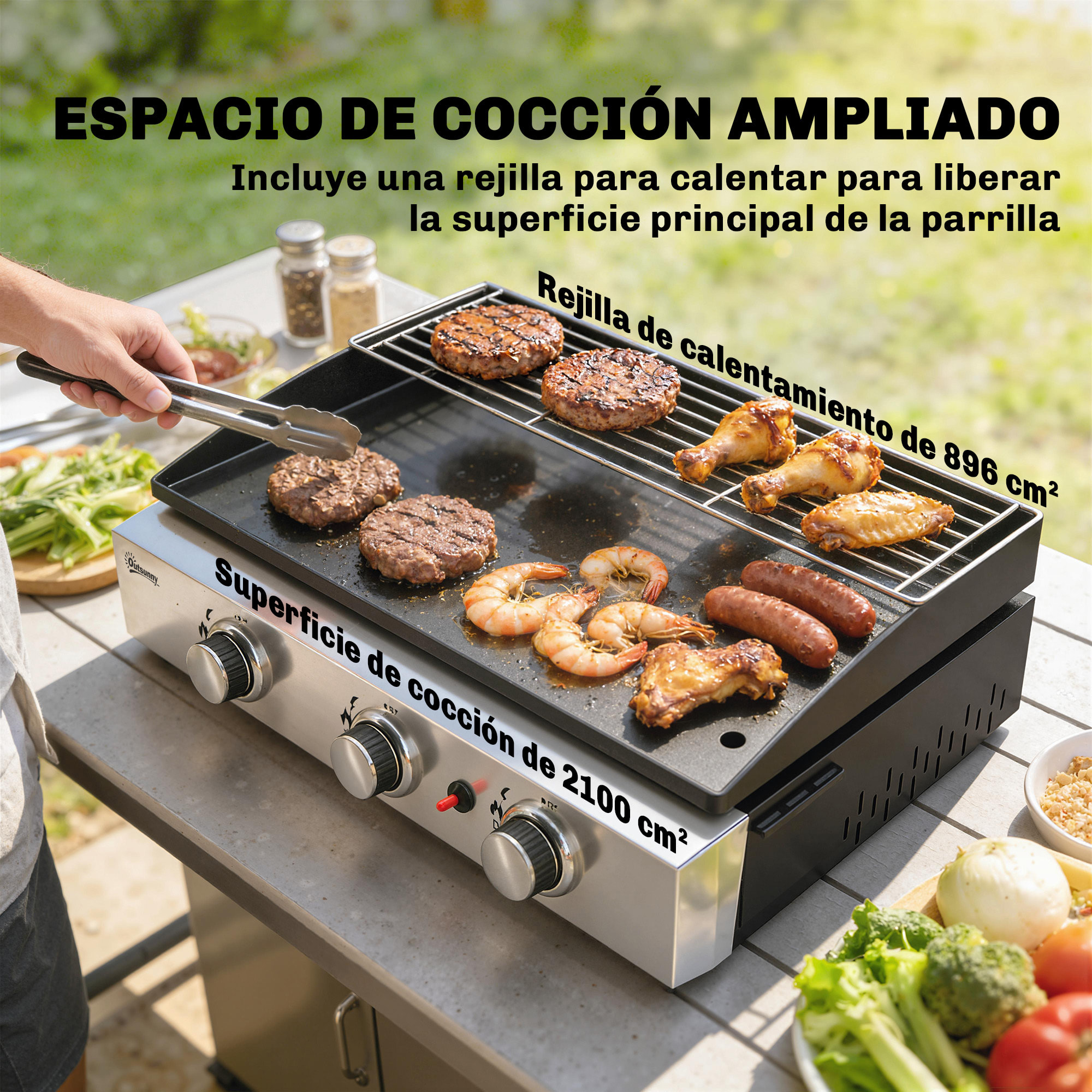 Barbacoa de Gas BBQ Gas con 3 Quemadores 7,5 kW, Barbacoa Portátil con Plancha, Rejilla Calentadora y Recogedor Grasa, para Camping, Picnic, Terraza, Negro