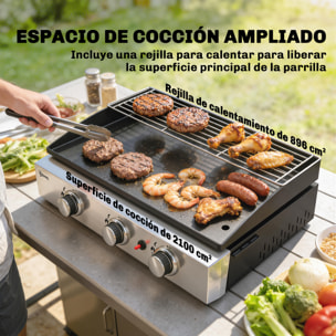 Barbacoa de Gas BBQ Gas con 3 Quemadores 7,5 kW, Barbacoa Portátil con Plancha, Rejilla Calentadora y Recogedor Grasa, para Camping, Picnic, Terraza, Negro