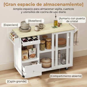 Isla de Cocina con Encimera Abatible, Carrito de Cocina con Puertas Correderas de Vidrio, Botellero, Ruedas, Cajón, Especiero y Estante Ajustable, Blanco y Roble