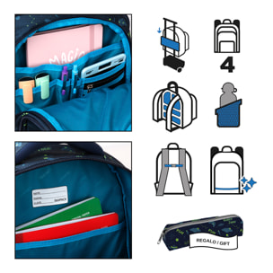 Zaino scolastico con quattro cerniere, pannello imbottito, dettagli riflettenti e compatibile con trolley. 30x16x42 cm.