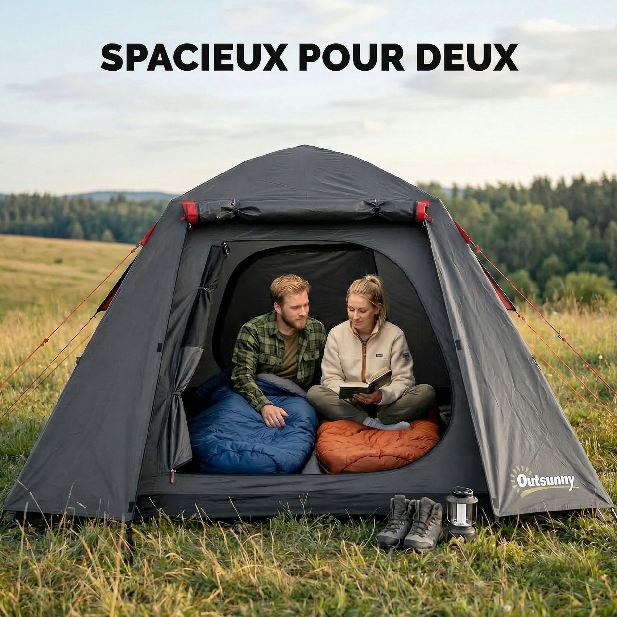 Tente camping dôme 2 pers. imperméable 3000mm - 2,1x2,1x1,5m - anthracite
