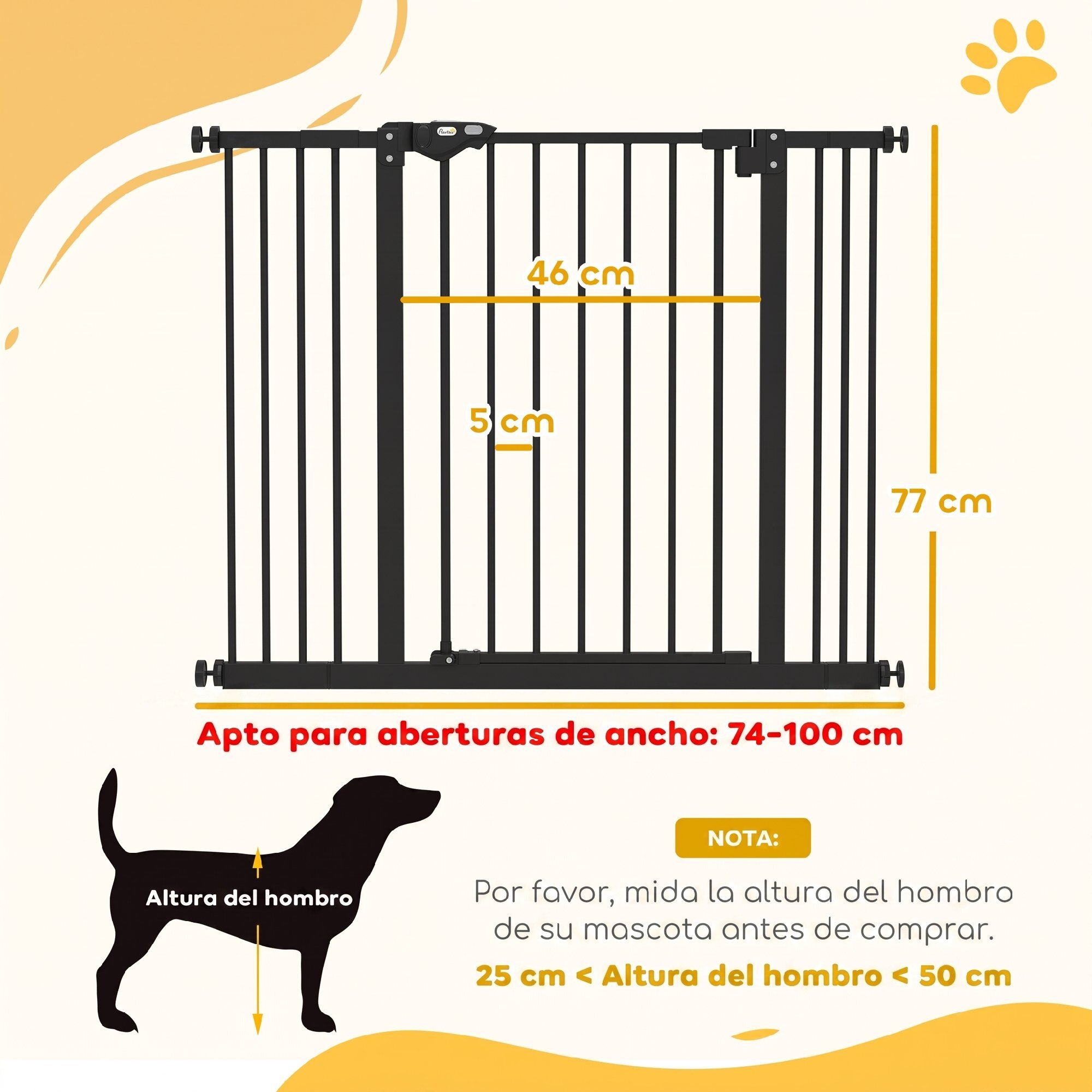 Barrera de Seguridad para Perros Extensible 74-100 cm, para Puertas y Escaleras, Barrera para Perros Medianos, Cierre Automático Montaje a Presión Doble Bloqueo 2 Extensiones 7/14 cm, Negro