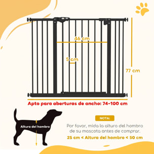 Barrera de Seguridad para Perros Extensible 74-100 cm, para Puertas y Escaleras, Barrera para Perros Medianos, Cierre Automático Montaje a Presión Doble Bloqueo 2 Extensiones 7/14 cm, Negro