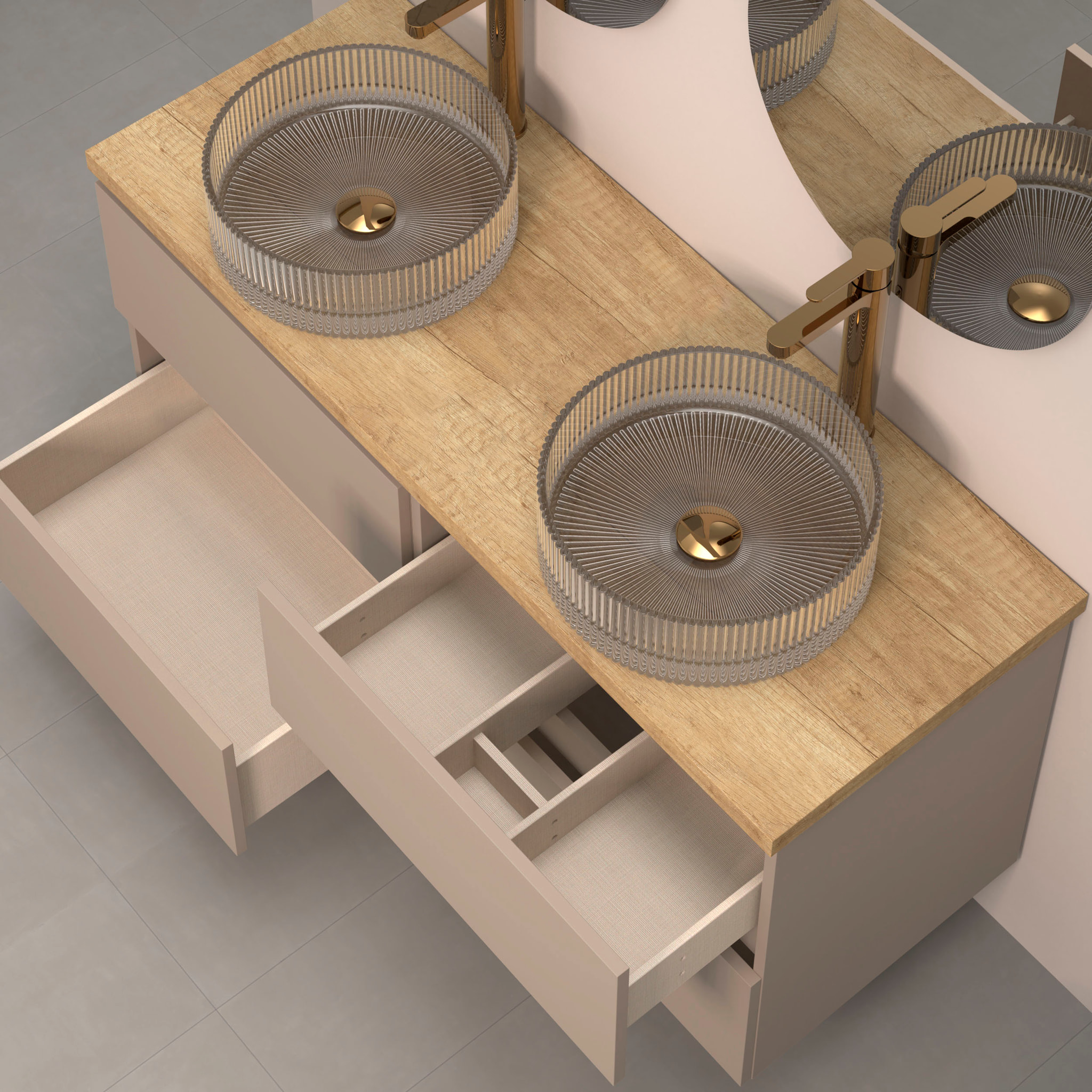 Conjunto de Baño Kub | 140 cm Visón | Cuatro Cajones | Lavabos de Cristal | No incluye Espejo | Mueble Montado | Alday