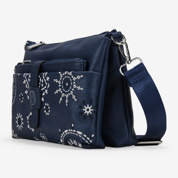 Bolso bandolera azul con bordado y monedero