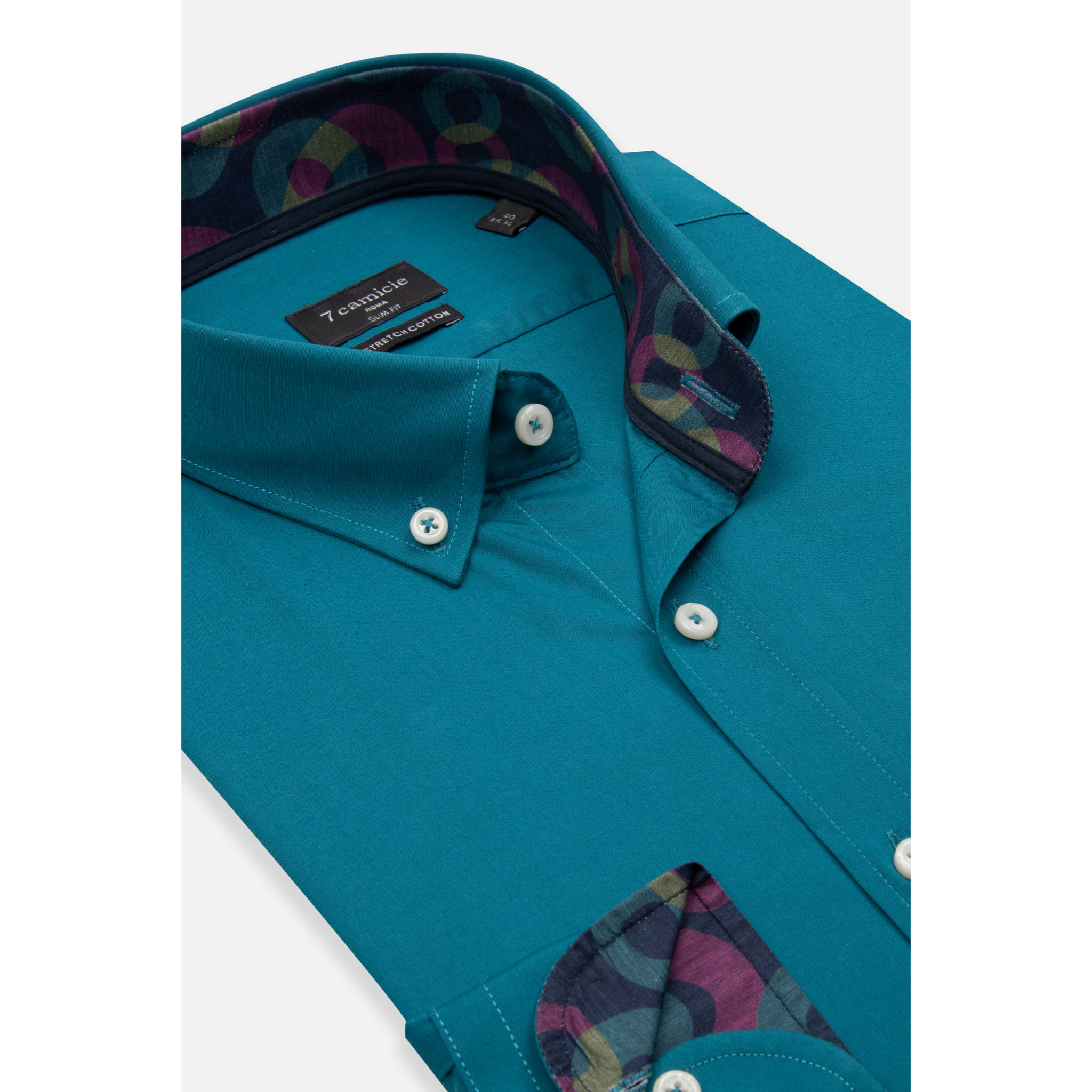 camicia uomo 1 bottone button down slim Popeline Stretch Unito Verde Ottanio