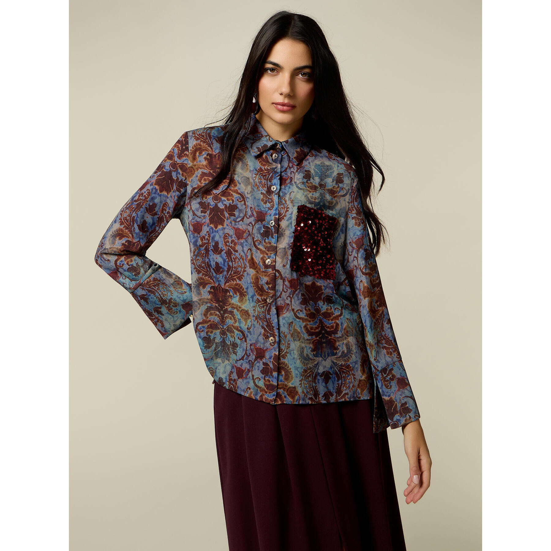 Oltre - Camicia fantasia con taschino in paillettes - Azzurro