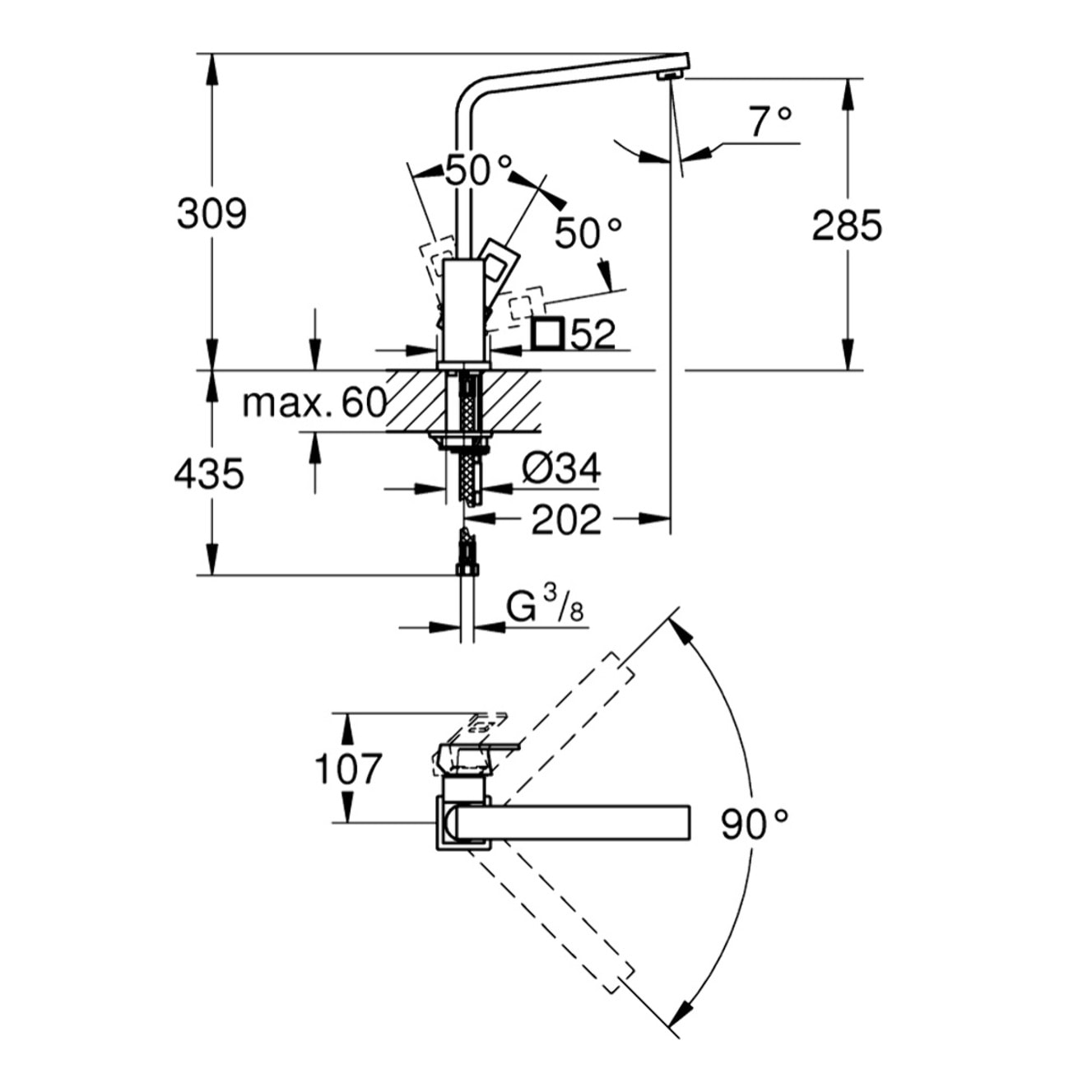 Mitigeur monocommande évier bec haut Eurocube, bec haut, chromé