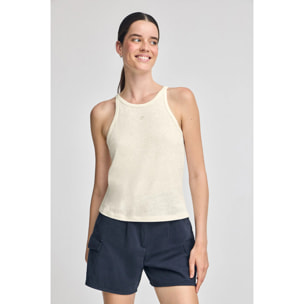 Camiseta color crudo de lino y algodón con monograma bordado