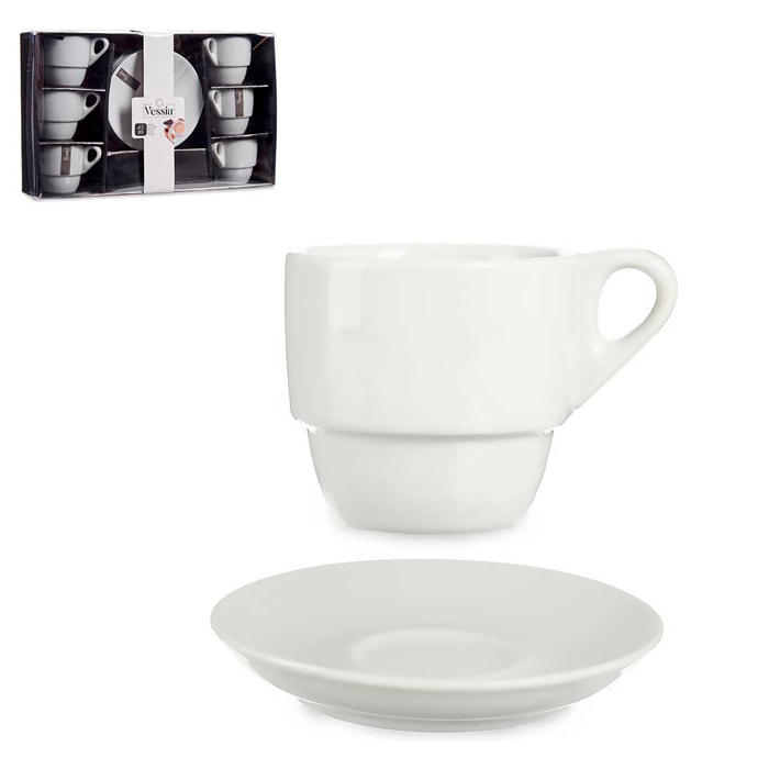 SET 6 TAZAS CAFE PORCELANA BLANCA CON PLATO 200ML