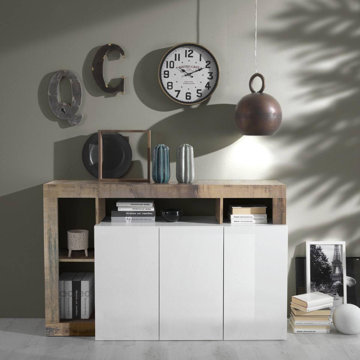 Credenza moderna a 3 ante e scaffali, Mobile da soggiorno porta TV, Buffet da cucina, Madia Made in Italy, cm 146x62xh93, colore Bianco e Pero