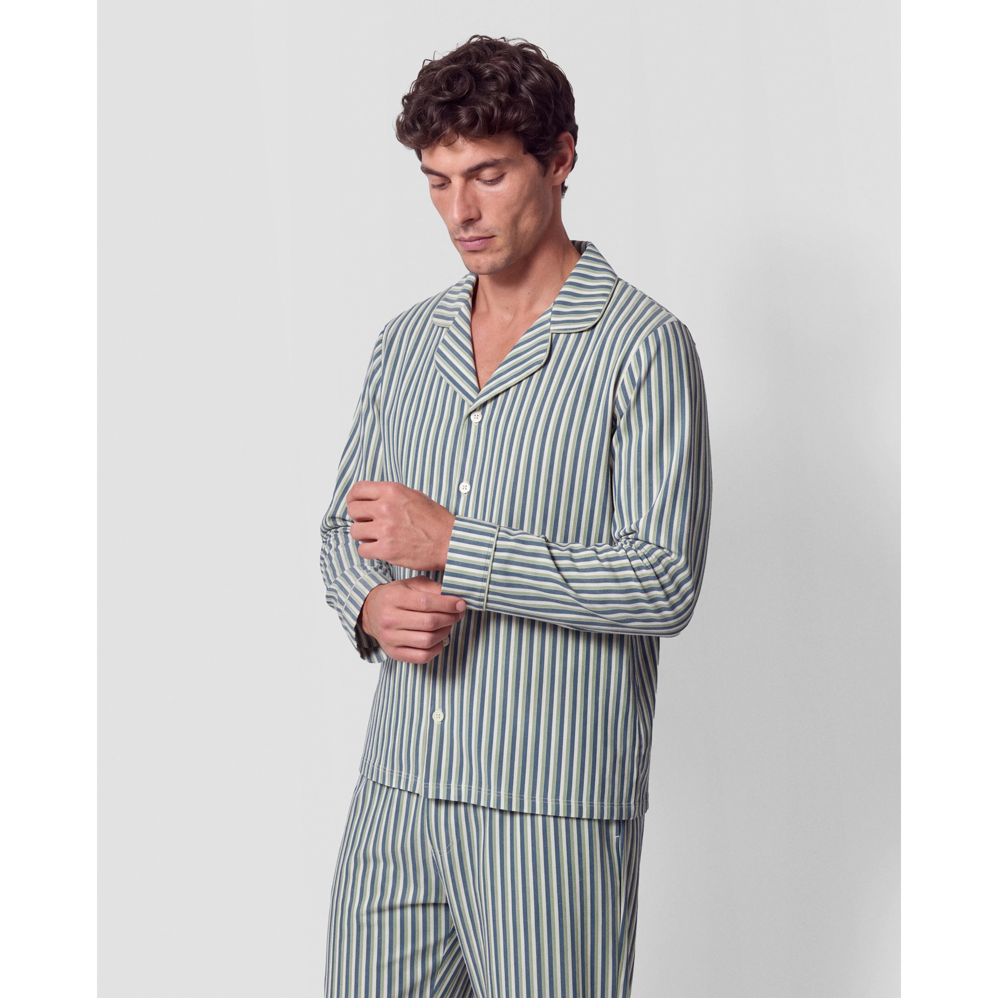 Pijama largo camisero algodón raya mare verde azul