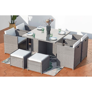 Table et chaises 8 places encastrables en résine gris-blanc REGINA