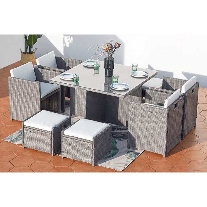Table et chaises 8 places encastrables en résine gris-blanc REGINA
