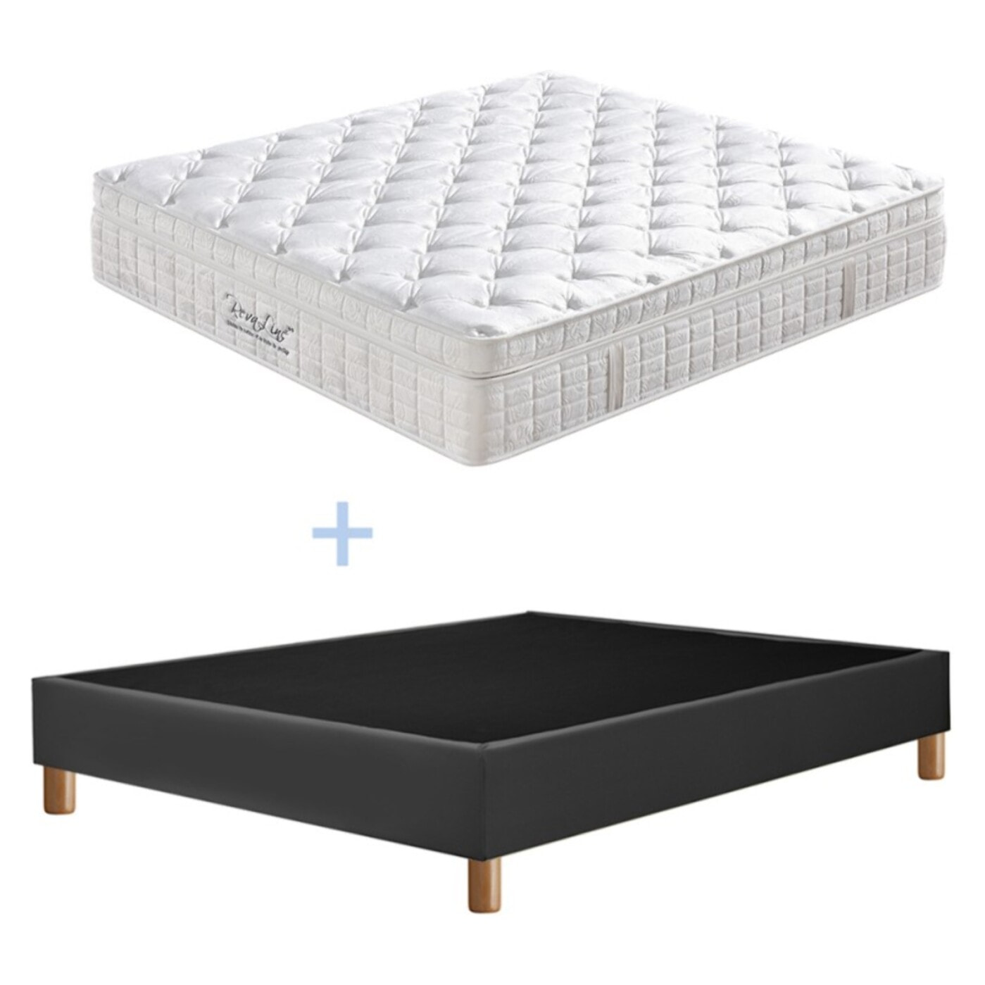 Ensemble Matelas Améthyste & sommier déco| 37 cm | Mémoire de forme, latex et ressorts ensachés | Cadre à lattes |Simili cuir | Gris