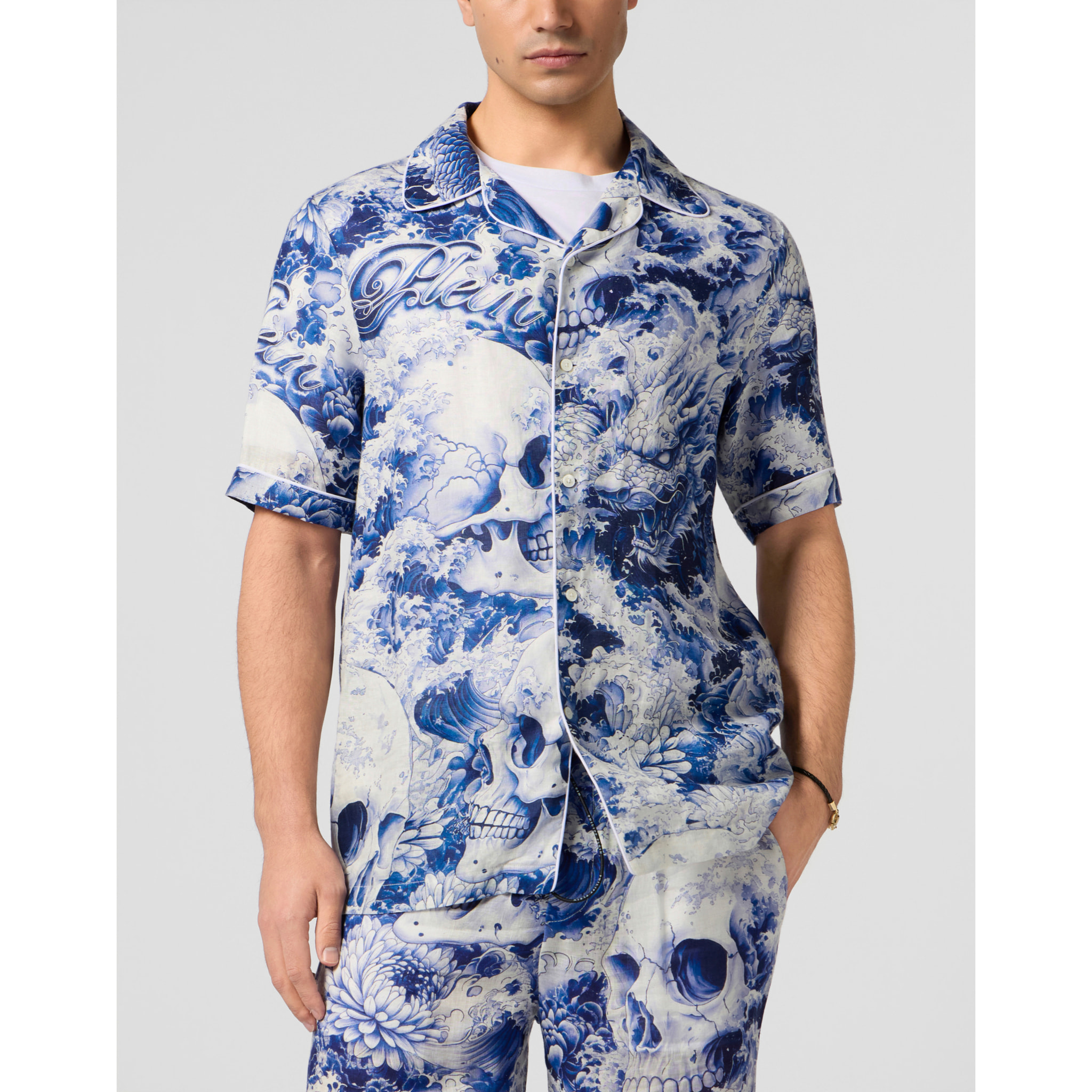 PHILIPP PLEIN Linen Bowling Shirt All-Over Ceramic
