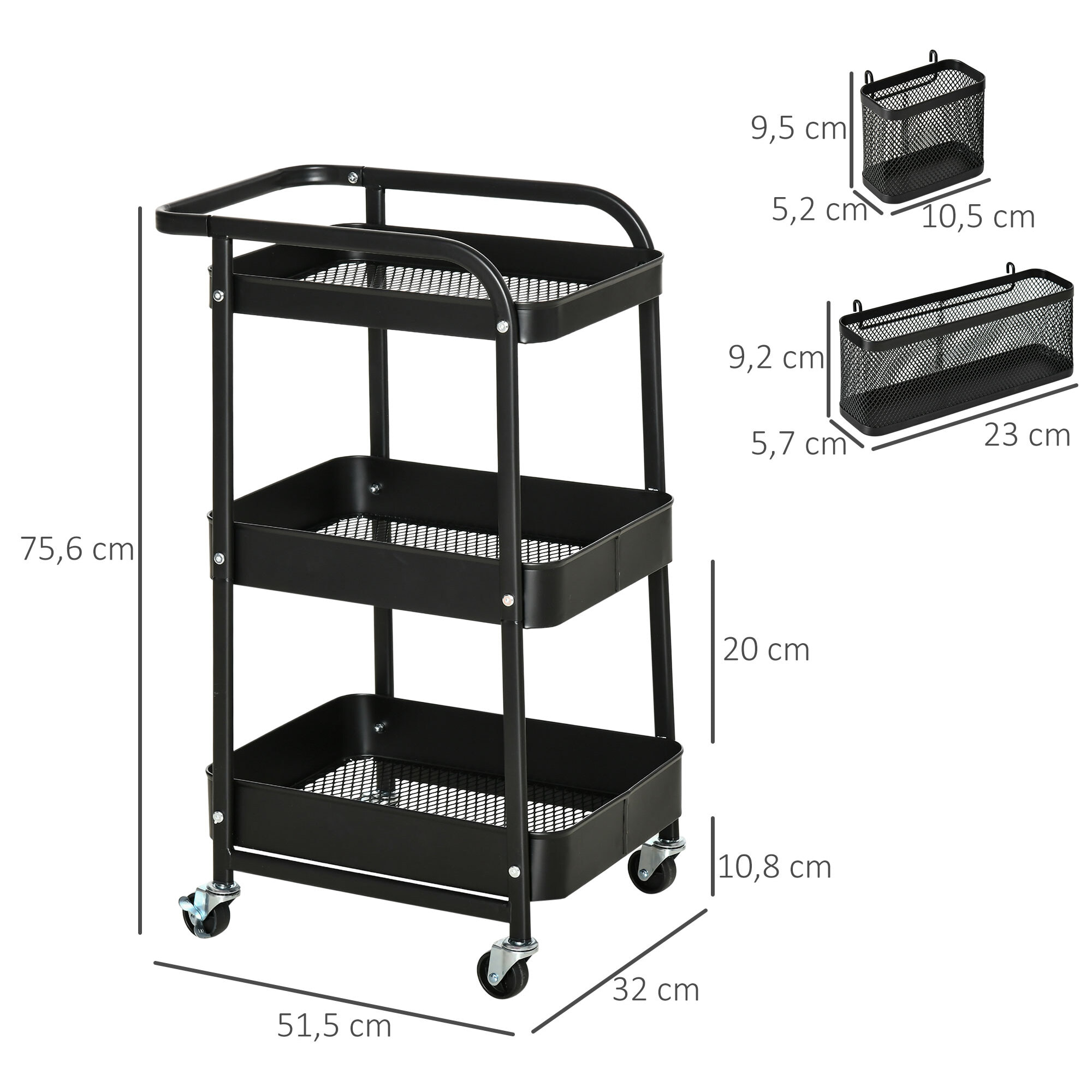 HOMCOM Carrito de Cocina de Acero con Ruedas Carro de Almacenamiento de 3 Niveles 4 Ganchos Asa 2 Cestas Colgantes y Frenos para Baño Salón Dormitorio 51,5x32x75,6 cm Negro