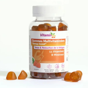 VITAMIN'22 - Gommes Multivitaminées "Energy Boost" - Complément alimentaire à base de 11 vitamines & minéraux - Tonus & Réduction de la fatigue - Goût orange - 60 gommes - Cure 30 jours