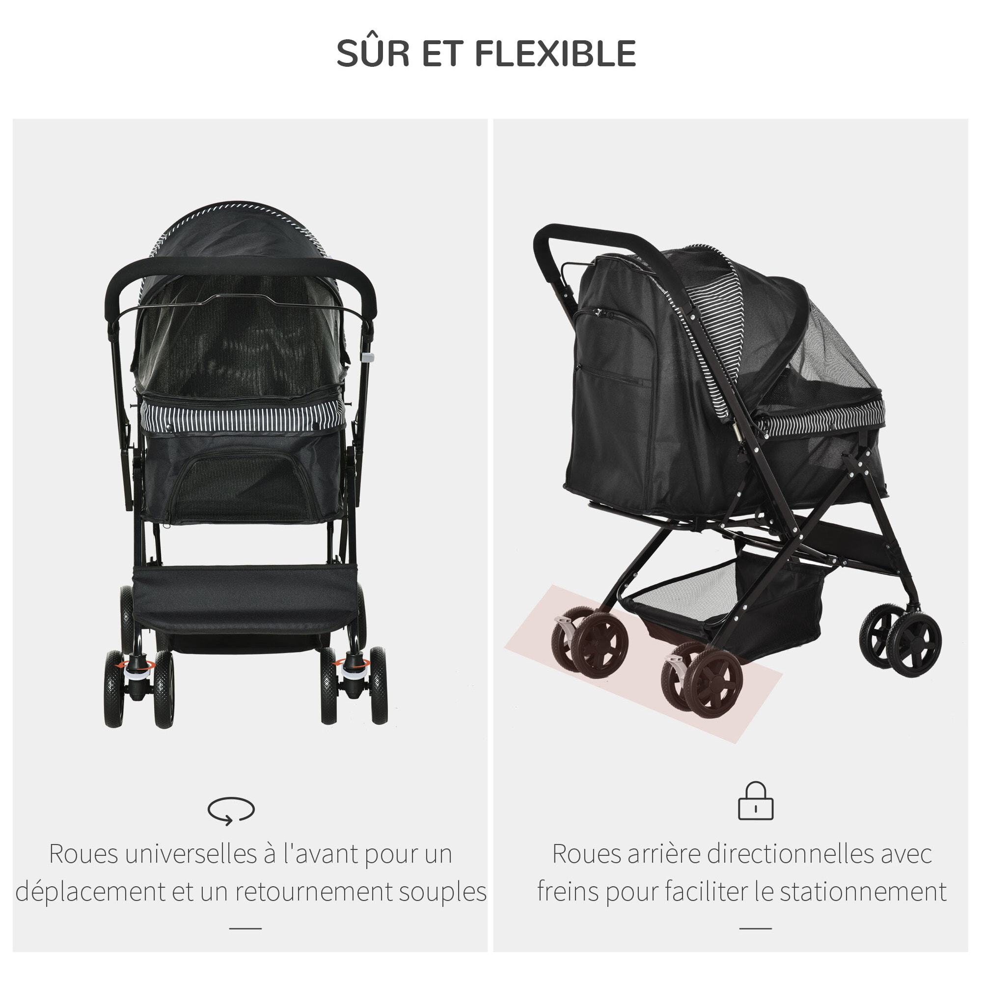 Poussette buggy pliable chien chat panier et sac de rangement attaches sécurité housse réglable poignée réglable acier Oxford noir