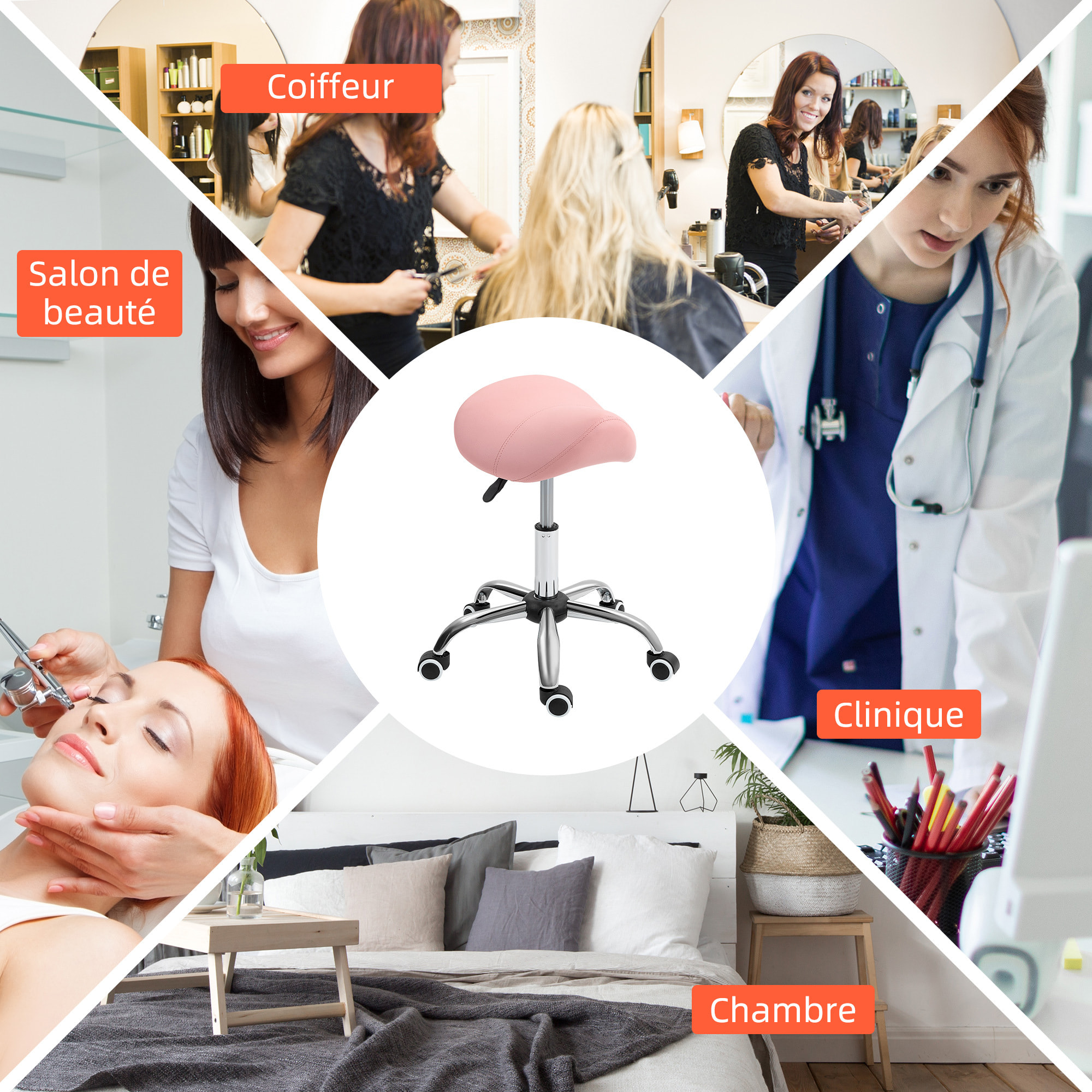 Tabouret de massage tabouret selle ergonomique pivotant 360° hauteur réglable revêtement synthétique rose chromé