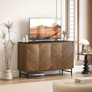 Meuble TV 120 cm, pour téléviseur jusqu'à 55 pouces avec 4 portes, plateau effet marbre, étagères réglables et pieds en acier