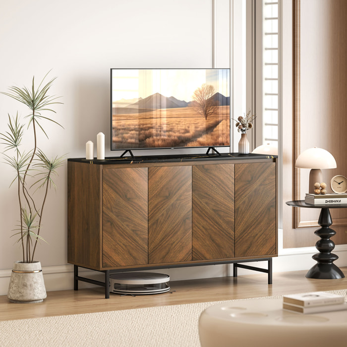 Meuble TV 120 cm, pour téléviseur jusqu'à 55 pouces avec 4 portes, plateau effet marbre, étagères réglables et pieds en acier