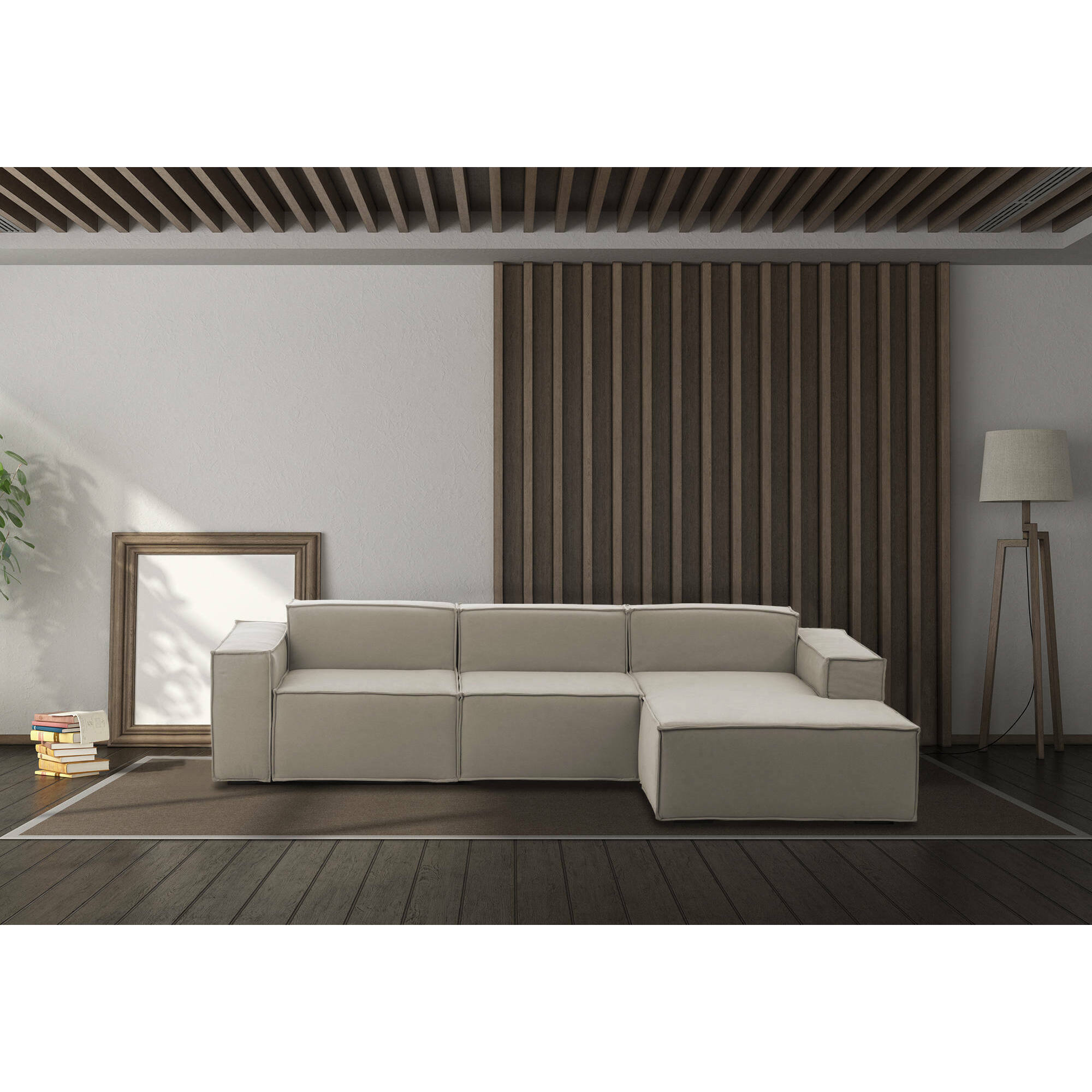 Divano fisso Giovanna, Divano componibile a 3 posti con penisola destra, 100% Made in Italy, Sofà moderno in tessuto, Cm 300x170h70, Tortora