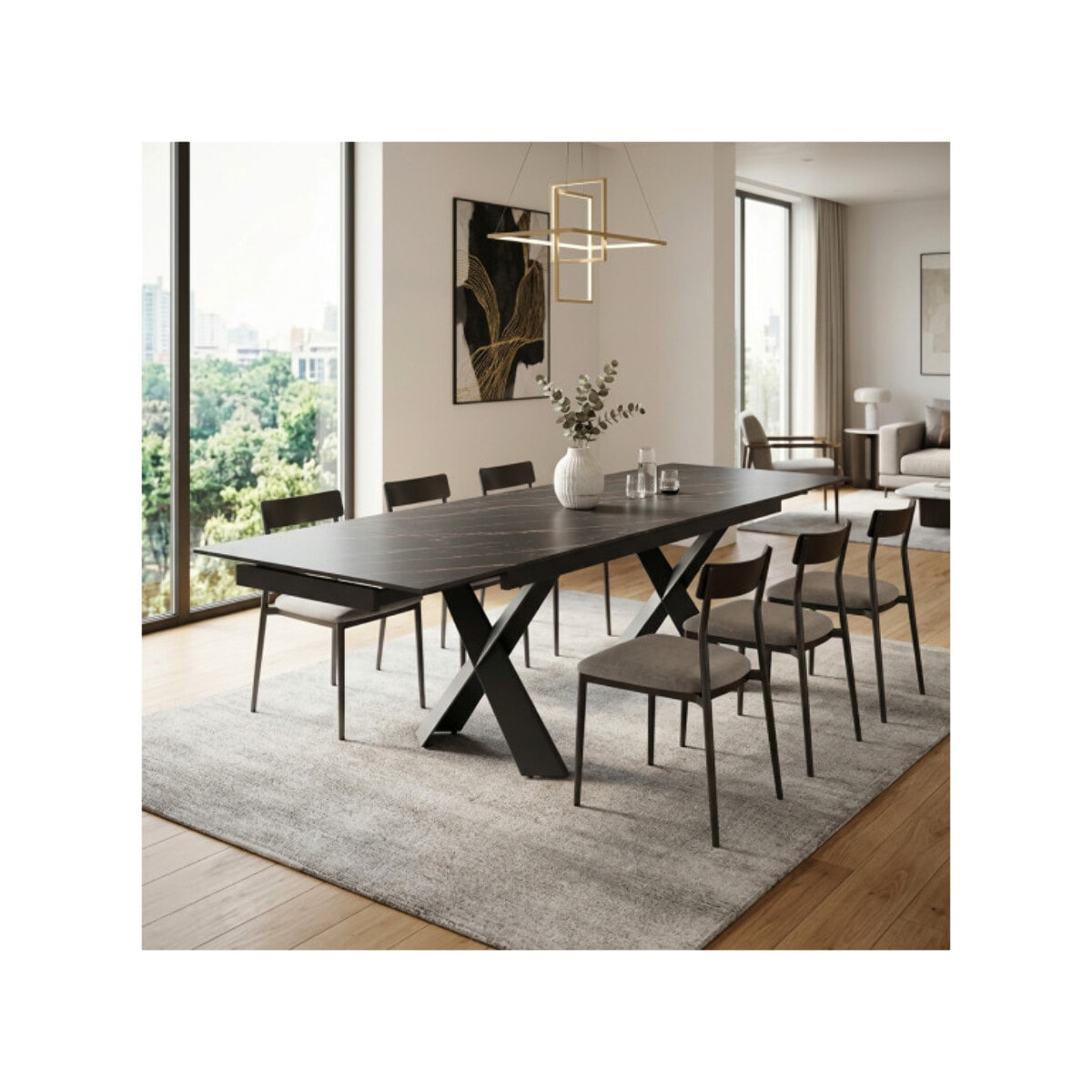 Table à manger extensible 200/300cm céramique noir effet marbré - NYLA