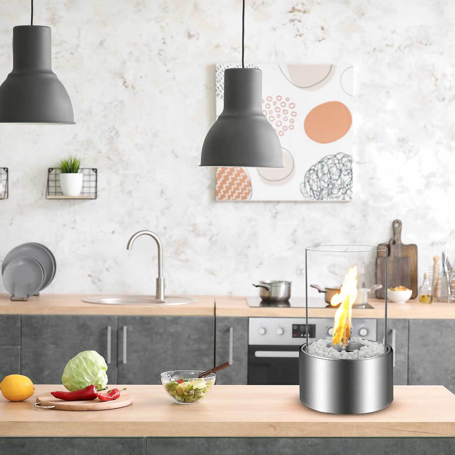 Marsiglia - Camino a bioetanolo da tavolo per interni ed esterni Ø16 x H27 cm, colore silver