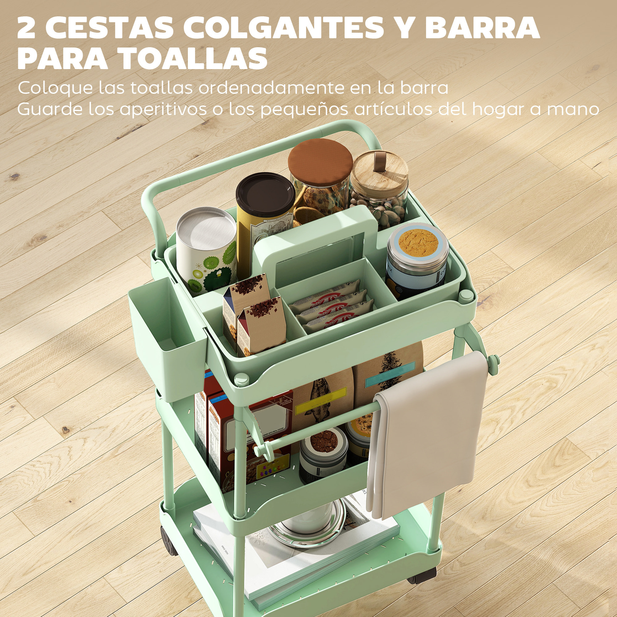 Carrito Auxiliar con Ruedas de 3 Niveles, Carrito de Cocina con Cestas Extraíbles, Ruedas con Freno, Soporte para Toallas y Marco de Metal, Carro de Servicio para Comedor, Salón, Baño, Verde