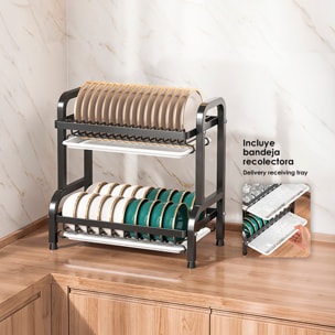 Repisa de cocina metálica para cubiertos. Escurridor de platos. Estante organizador para secar y guardar utensilios de cocina. 2 niveles con bandeja escurridora y accesorios.