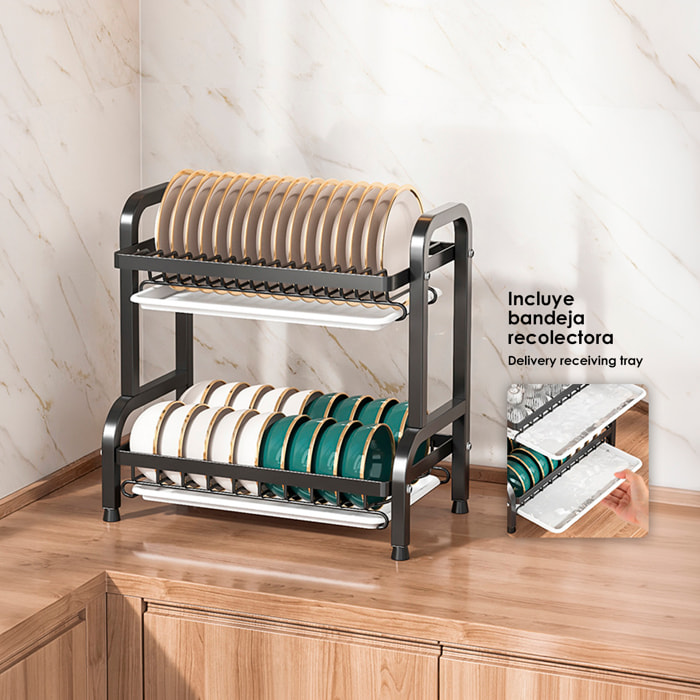 Repisa de cocina metálica para cubiertos. Escurridor de platos. Estante organizador para secar y guardar utensilios de cocina. 2 niveles con bandeja escurridora y accesorios.