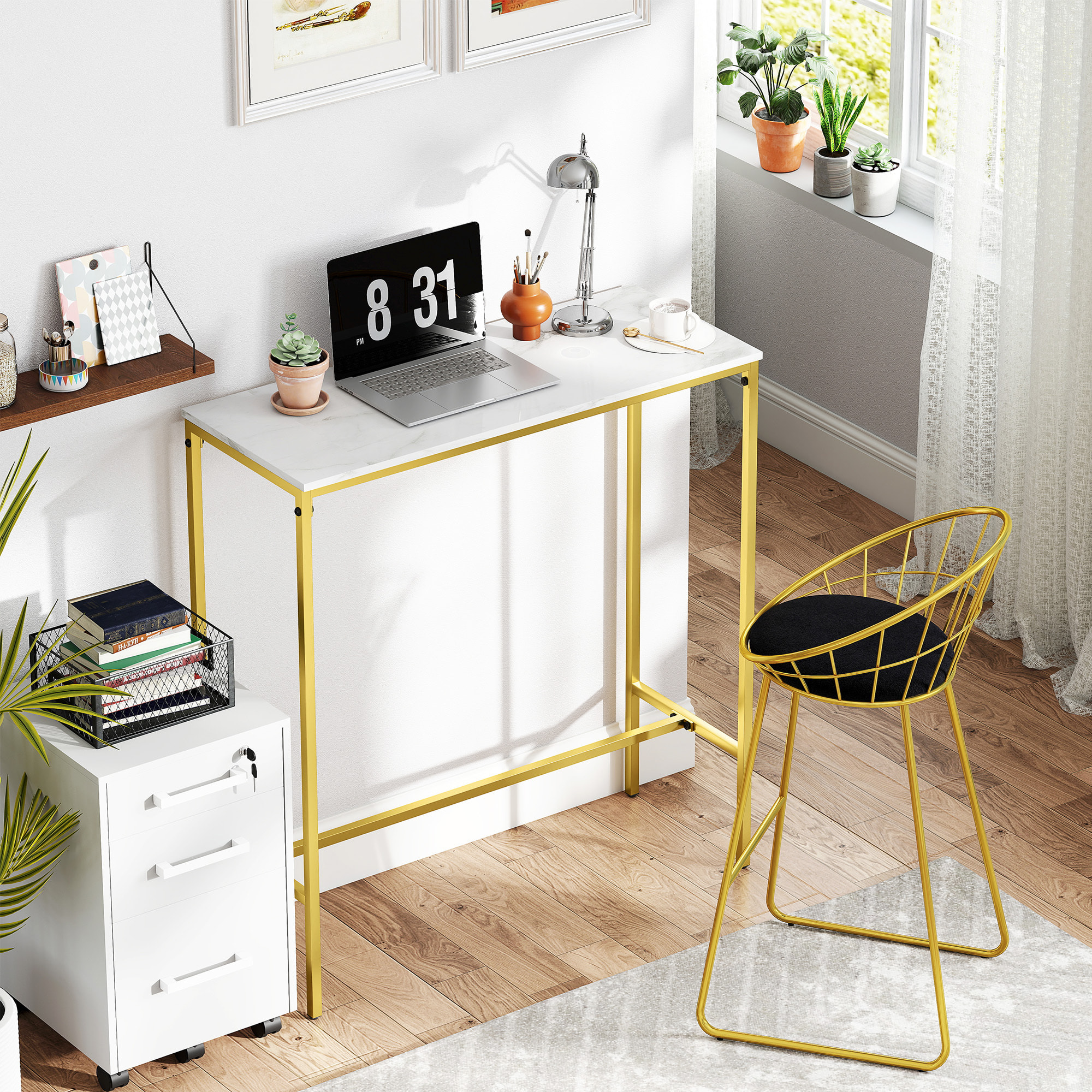 Table de bar mange-debout table haute dim. 100 x 40 x 107 cm acier doré plateau effet marbre blanc