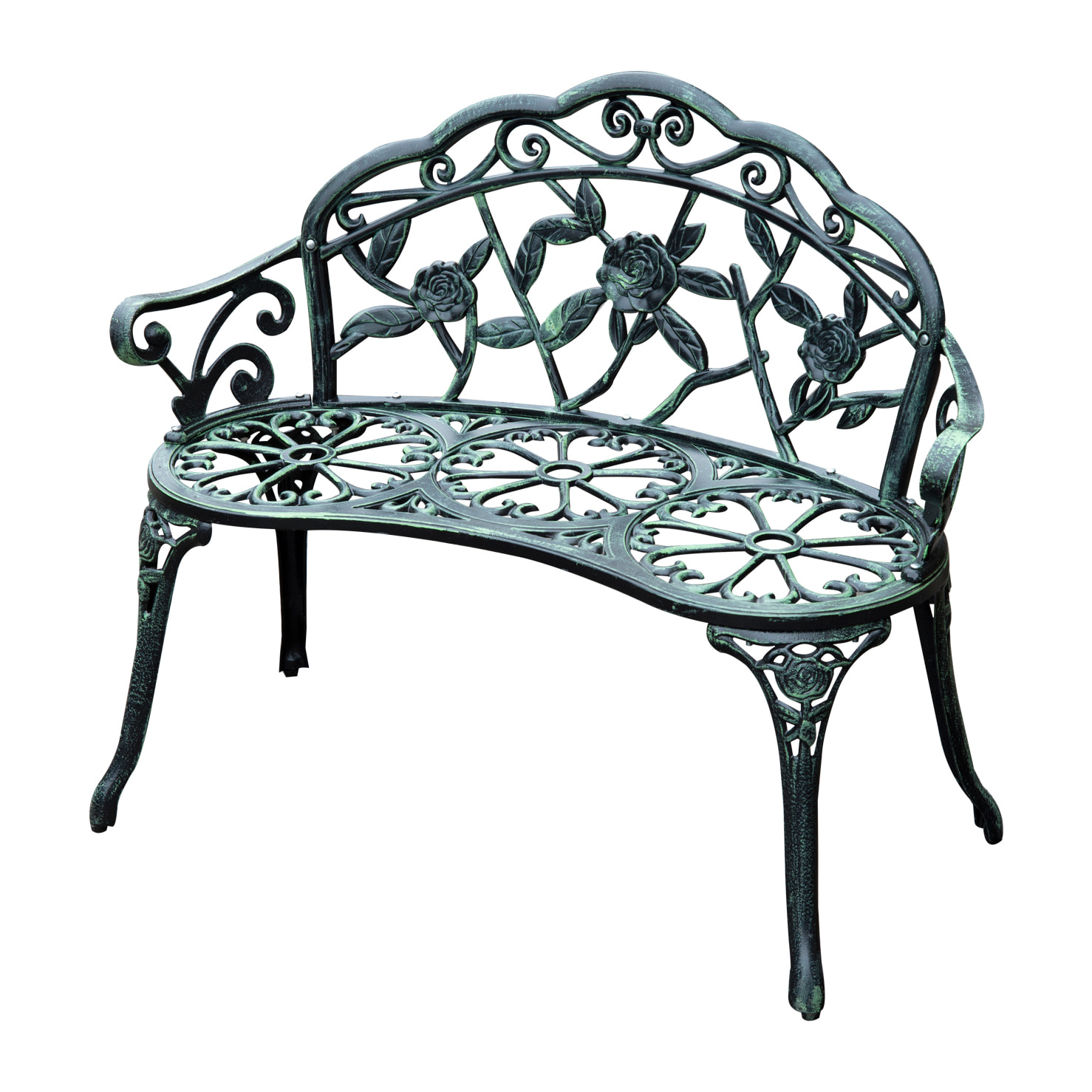 Banc de jardin 2 places style néo-rétro motif rose lignes fuselées 100L x 54l x 78H cm fonte d'aluminium vert vieilli