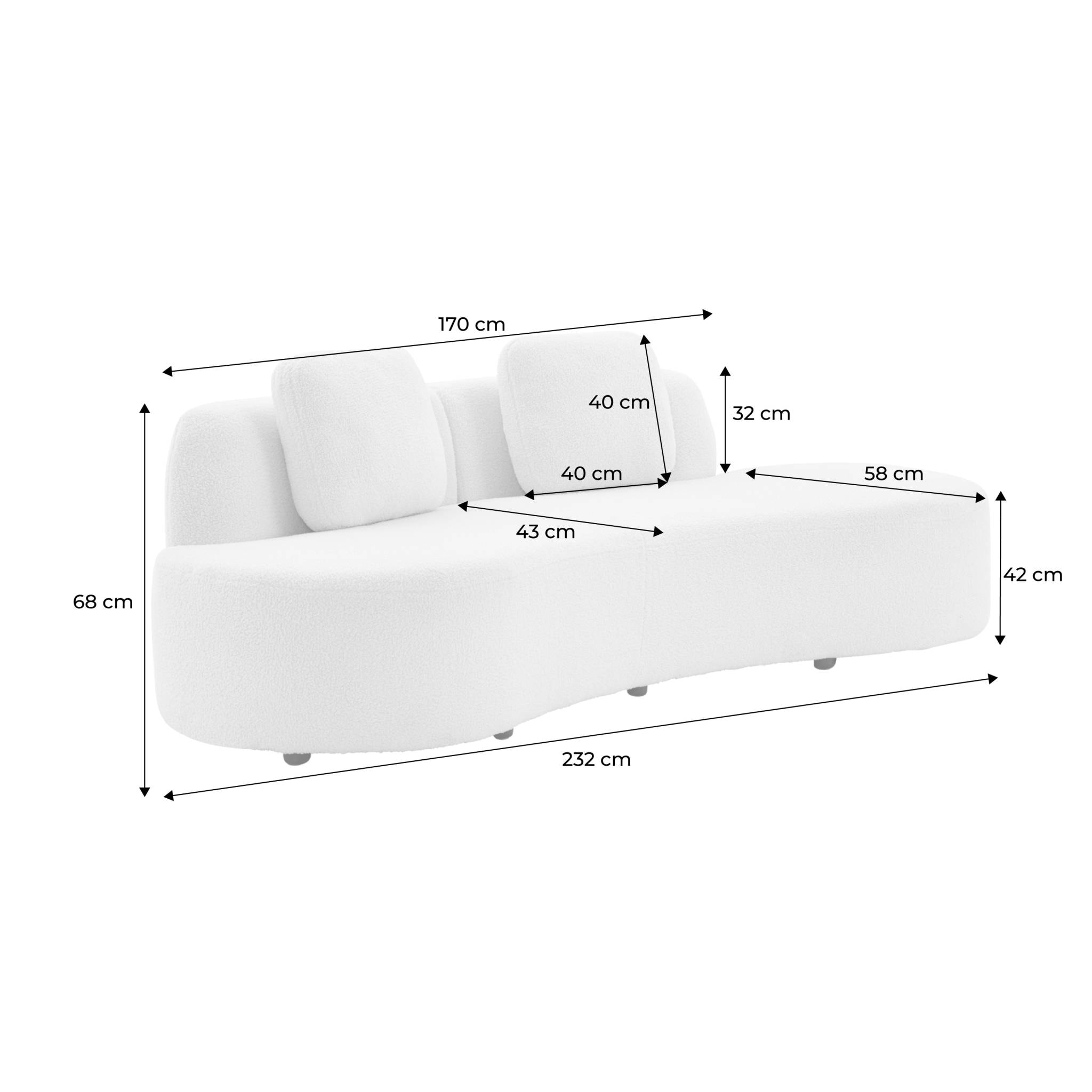 Canapé virgule 3 places en tissu bouclette kaki forme organique - WAVE L 232 x P 97 x H 68cm