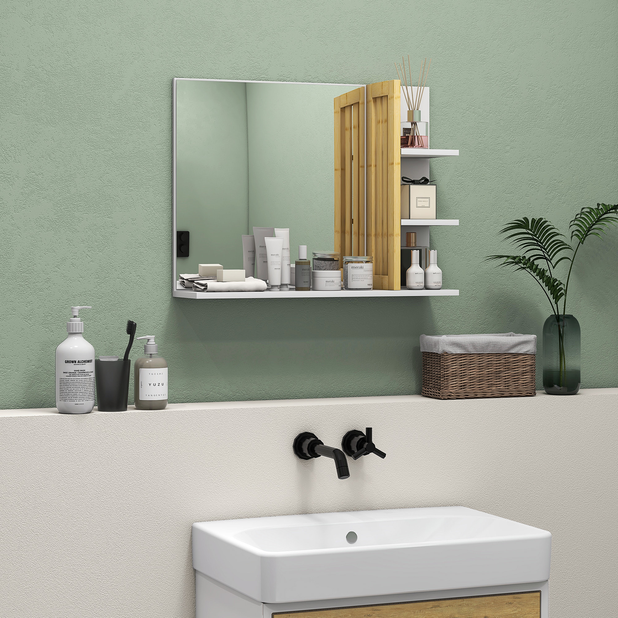 Espejo de Baño Moderno Espejo de Pared Rectangular con 4 Estantes de Almacenamiento para Maquillaje Tocador Vestidor 45x15x58,5 cm Blanco