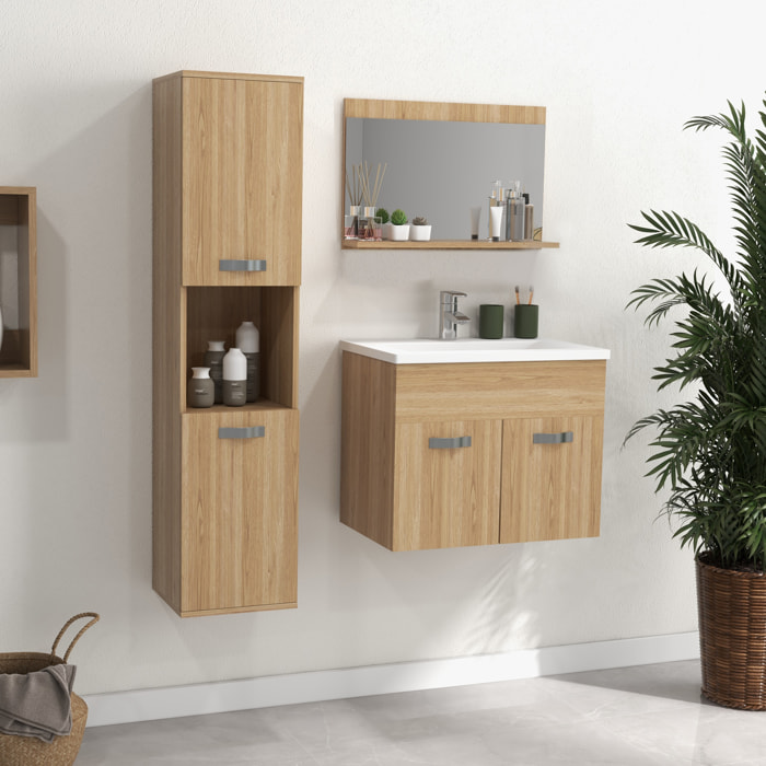 Conjunto de Muebles de Baño de Pared de 3 Piezas, Incluye Espejo, Mueble de Baño con Lavabo Cerámico, Armario Alto con Estantes Ajustables, Estilo Moderno, Natural
