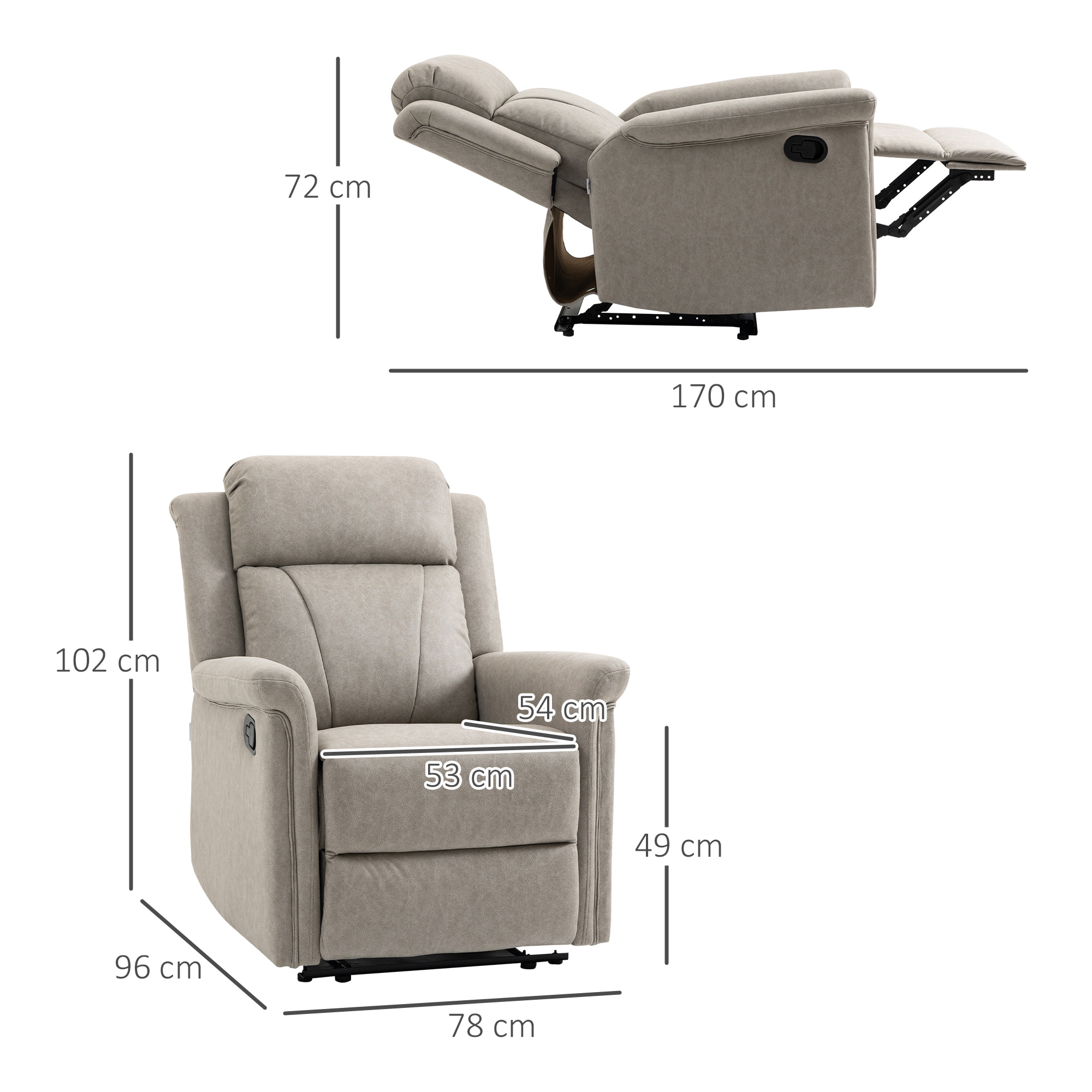 Sillón Relax Reclinable Manual, Sillón Relax de Tela con Reposabrazos, Reposapiés, Respaldo Alto, Acolchado Grueso, Butaca Reclinable hasta 135Âº para Salón, Dormitorio, Oficina, Gris