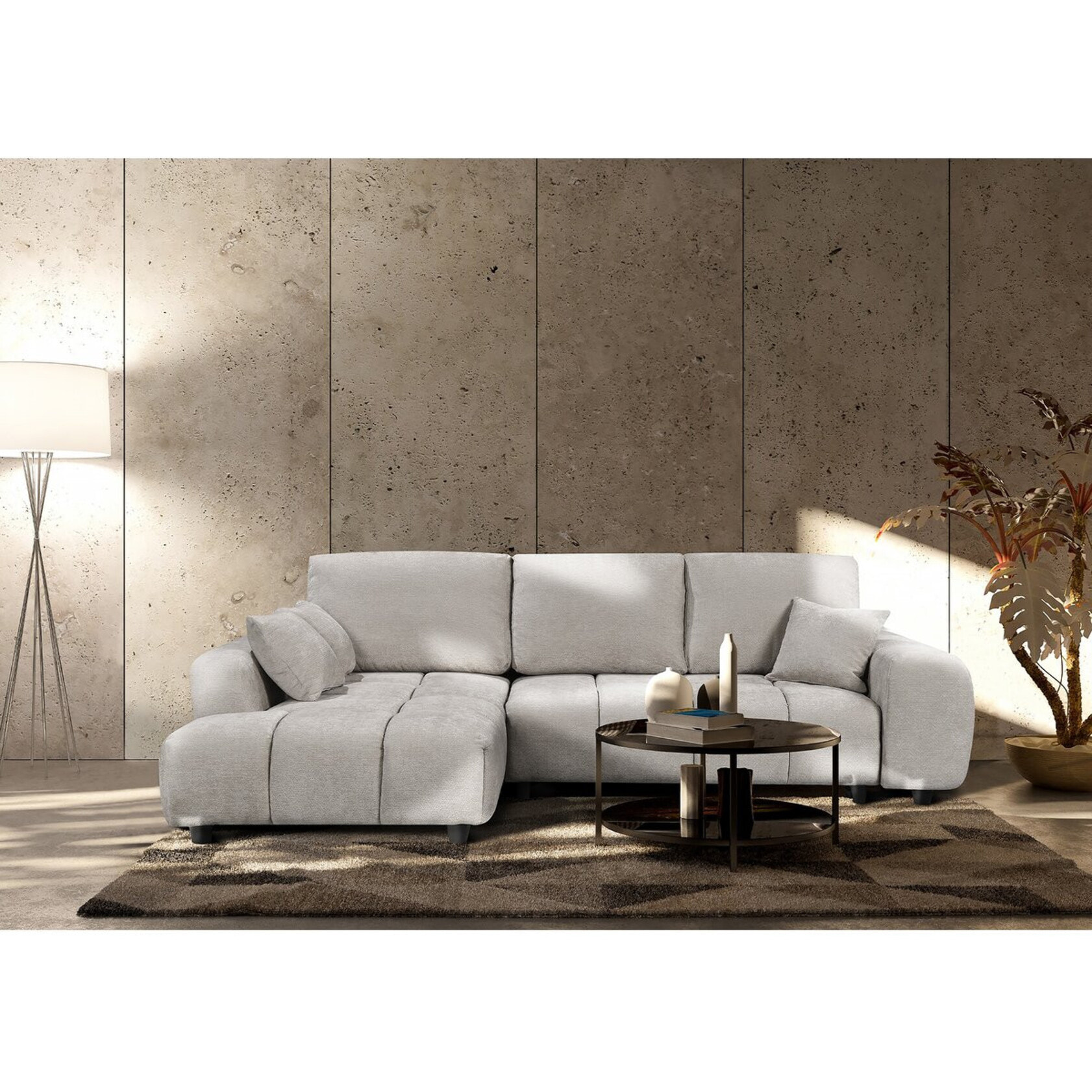 Canapé d'angle gauche convertible en tissu chenille "Verneuil" - 3 places - Beige