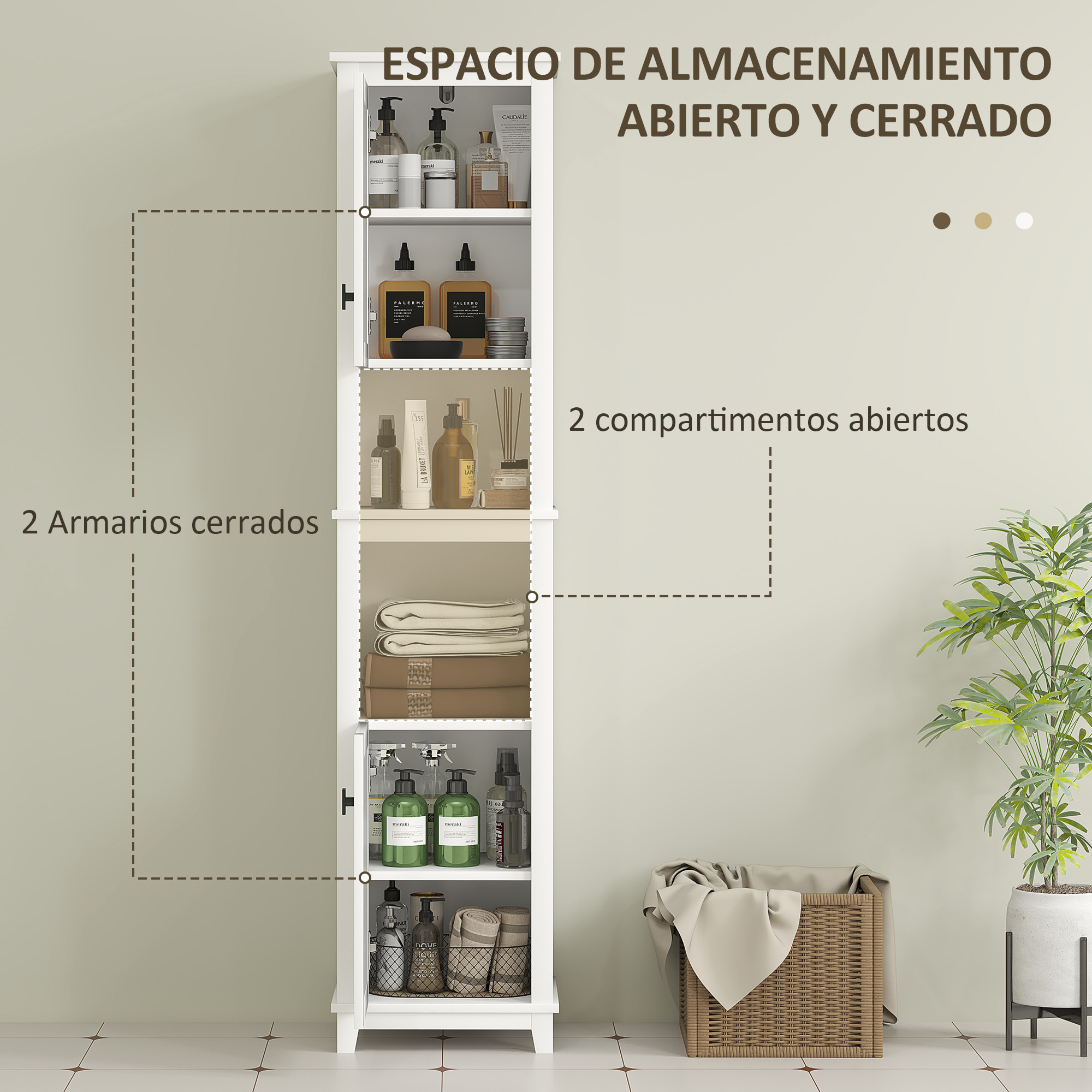 Columna de Baño con 2 Puertas con Frontal de Ratán Armario de Baño Boho con Estantes Ajustables y 2 Compartimentos 40x30x167,5 cm Blanco