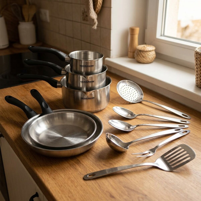 Set 2 poêles, 3 casseroles en inox et 6 ustensiles inox Fackelmann Geneva