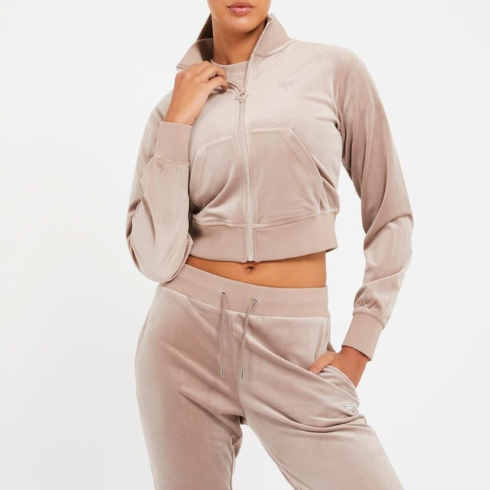 Sweat zippé Couture - ornée de strass - logo - vieux rose