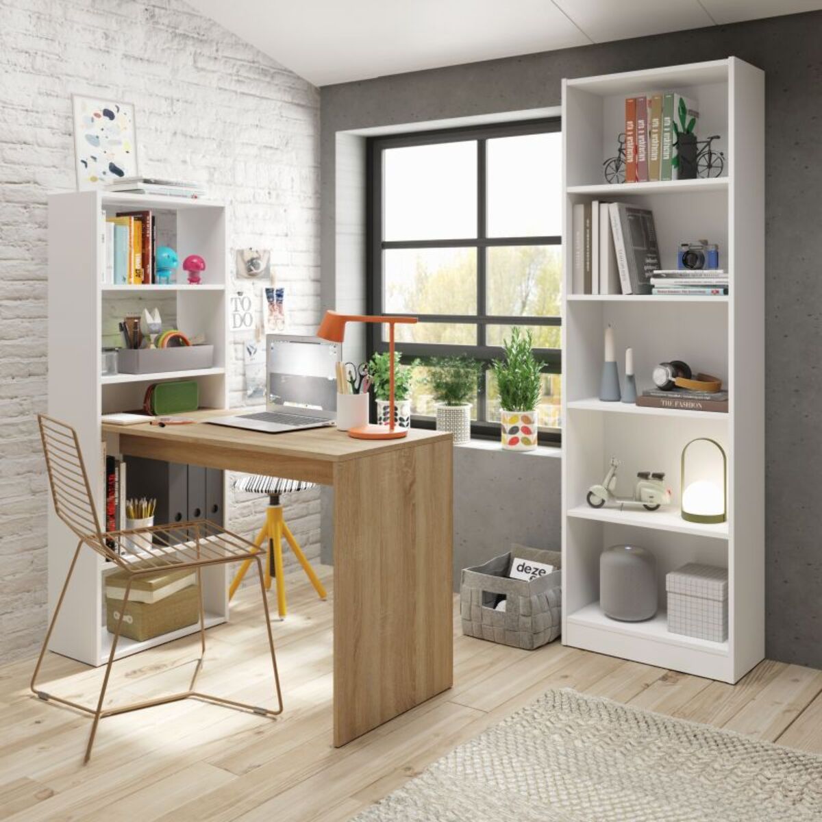 Pack escritorio y estantería Cosmic Plus Blanco Artik (Blanco Mate) - Roble Canadian