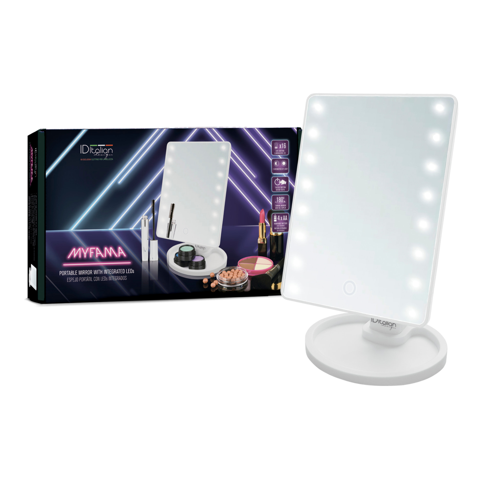 Espejo make - up con leds portátil Myfama - Blanco - 4 x 1,5V AA