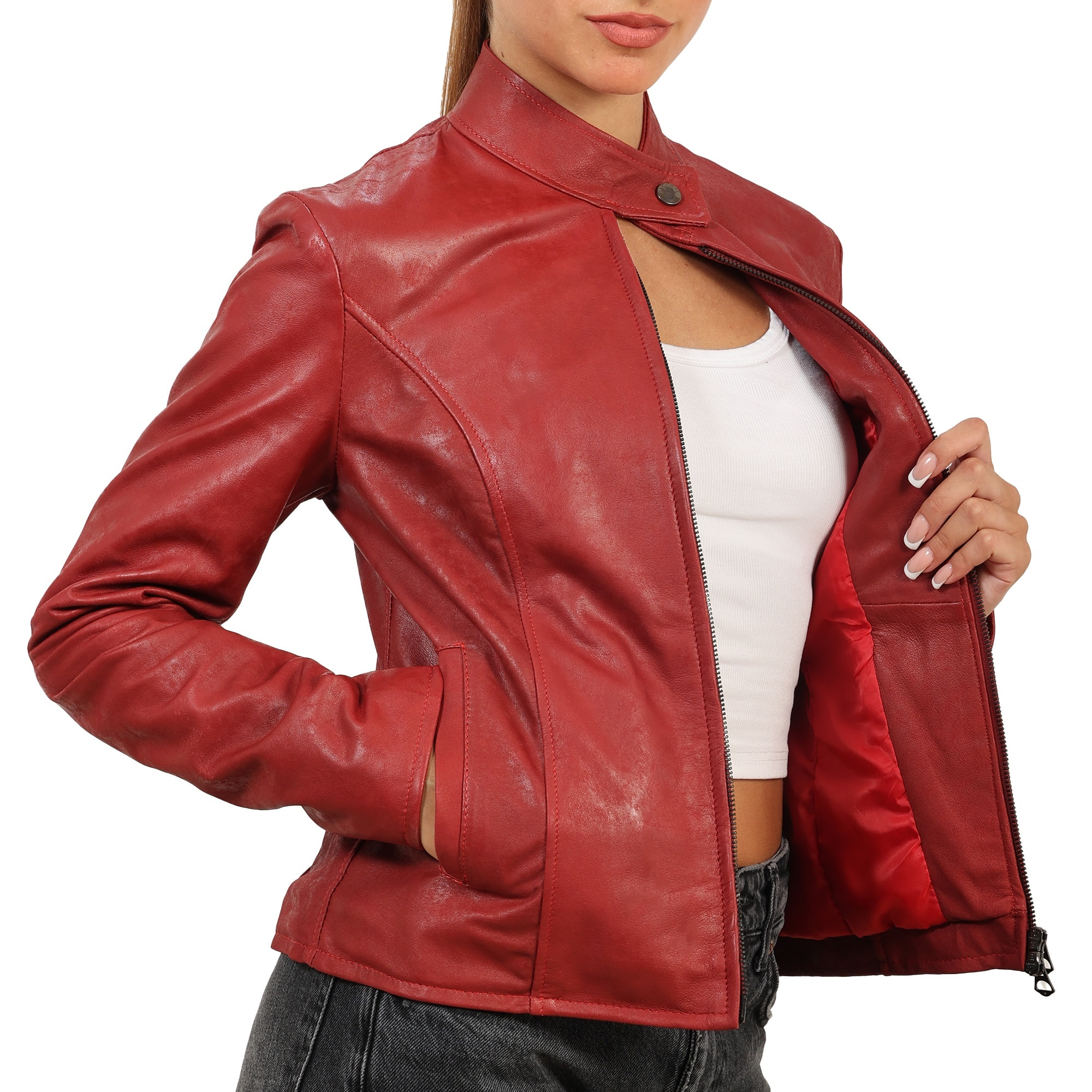 Giubbino in vera pelle di vitello rifinizione dakota Bordeaux-Slim Fit